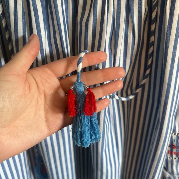 CK Bradley Oopsy Blouse Blue Stripe Embroidered Balloon Sleeve Top Sz Medium - Picture 9 of 10